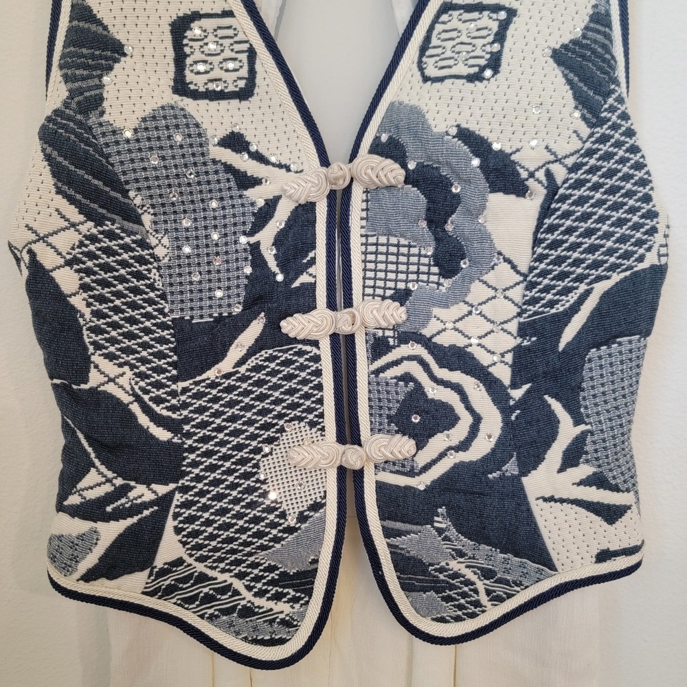 Cache Vintage Tapestry Vest Jumpsuit One Piece 80S Rhinestone Studded Mesh Panel - Picture 8 of 16